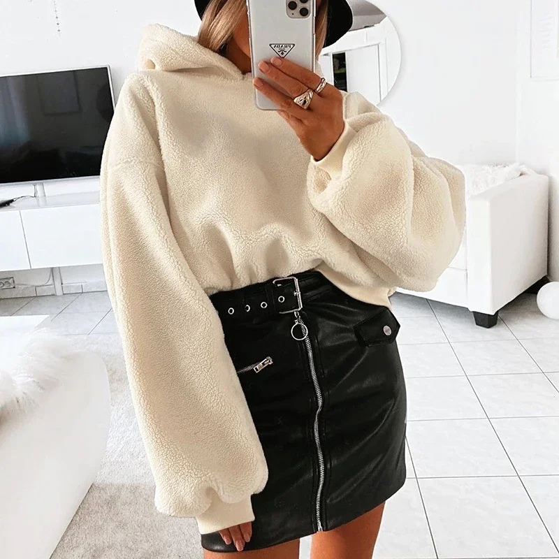2024 New Casual Loose Raglan Long Sleeve Keep Warm Furry Hoodies Women 2023 Fall Winter Harajuku Pullovers Sweatshirt Solid Top