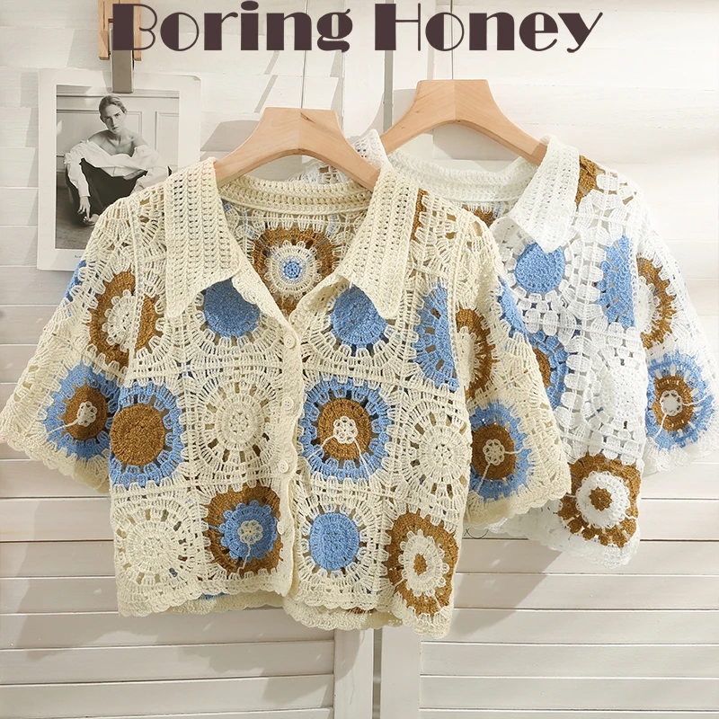 

Boring Honey Hong Kong Style Retro Women's T Shirt Chain Line Short Tops Single-Breasted Cardigan Turndown Collar Women Clothing