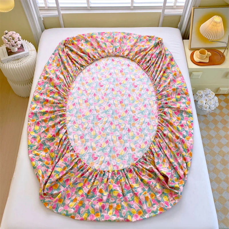2025 New All-cotton Single Bedding Printed Tulip Bedspread Skin-friendly Breathable Mattress Cover 360 Degree Wrap with Elastic 3