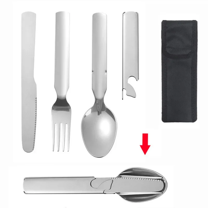 Stainless Steel Portable Outdoor Camping Multi-functional Knife Fork Spoon Combo Cutlery Set 1 Set camping cutlery,portable tableware,portable cutlery