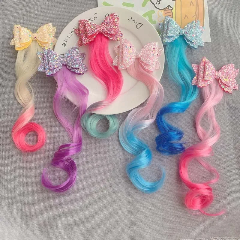 Gradient Color Bow Hair Clip Princess Style Girls Hairbands Girls Colorful Wigs Cartoon Unicorn Ponytail Clip Headwear Kids Gift