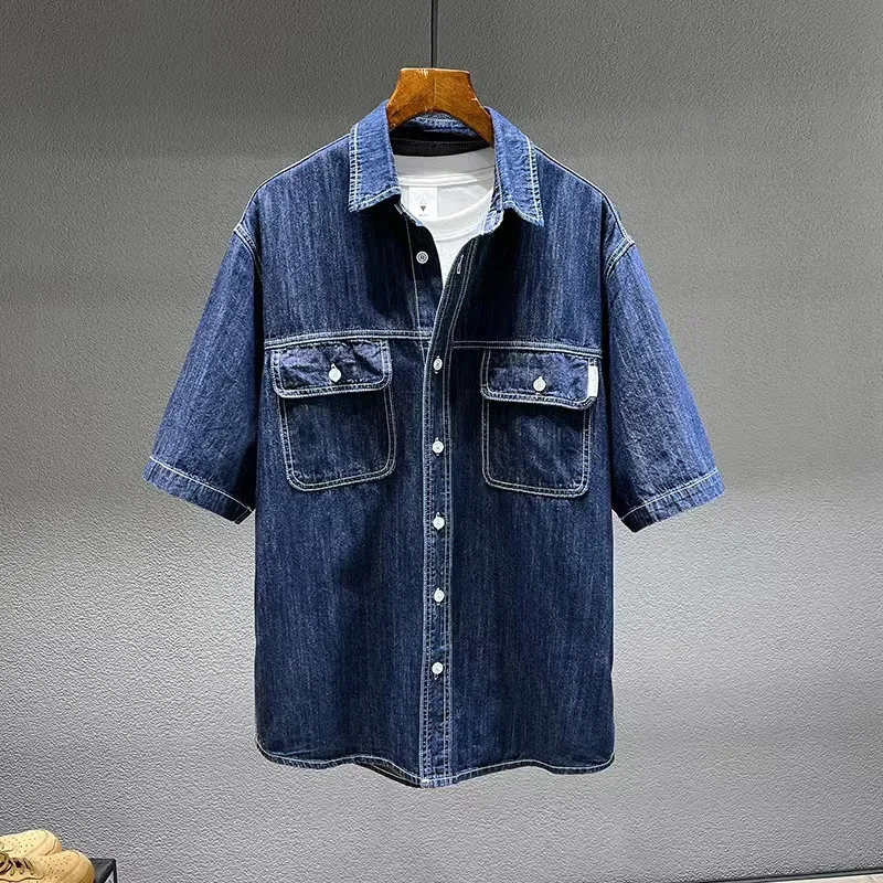 Denim Shirt Men's Summer Denim Short-sleeved Retro Large Size Tooling Loose Casual Tops All-match 7XL 8XL denim shirt