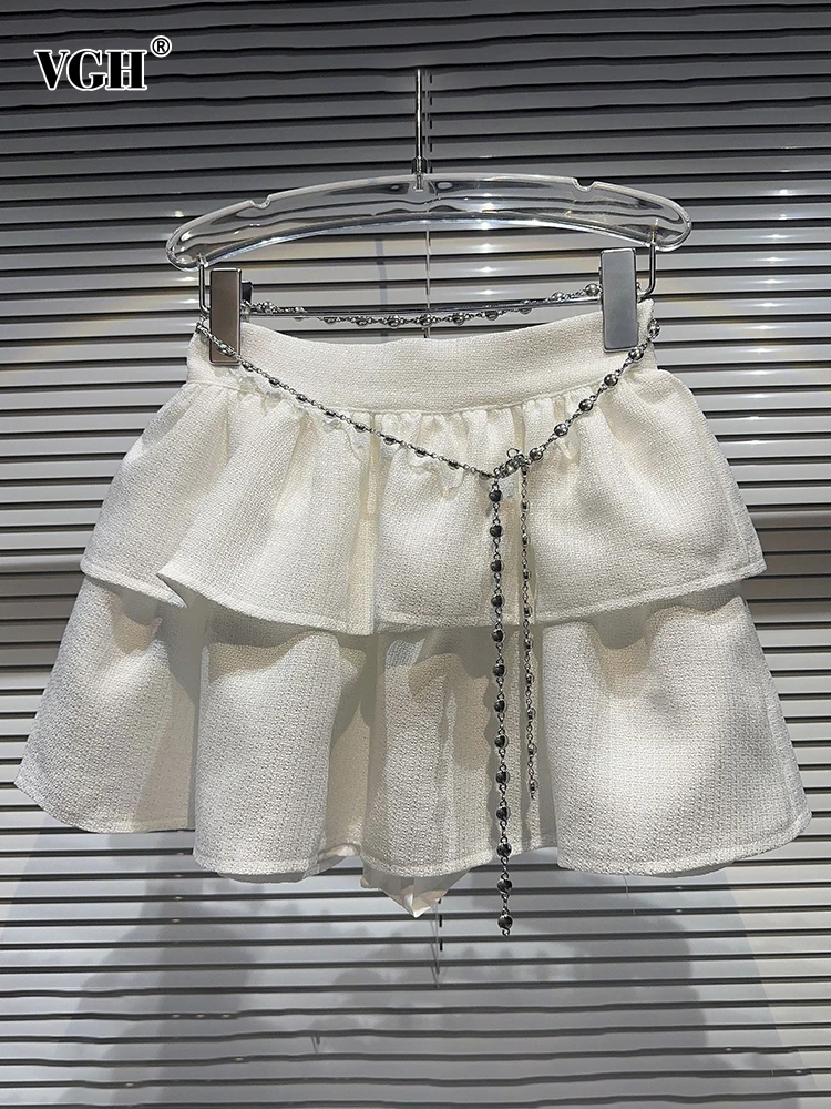 

VGH Solid Patchwork Diamond Chain Mini Skirt For Women High Waist Spliced Ruffle Hem Minimalist Skirts Female Fashion Clothes
