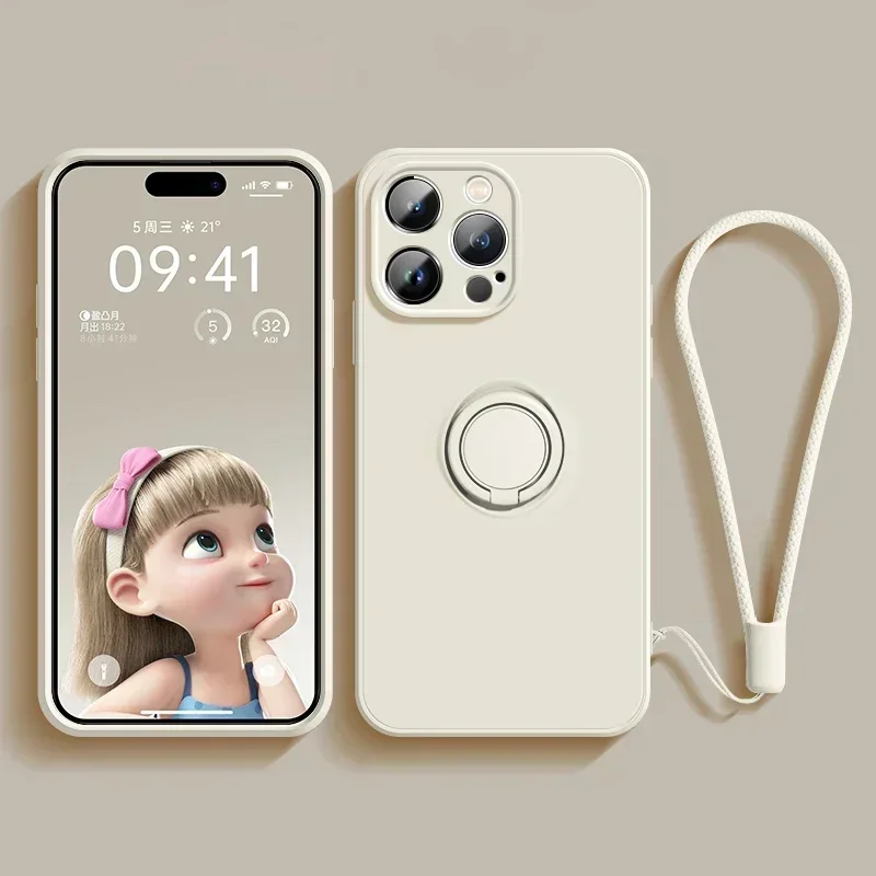 Liquid Silicone Phone Case with Holder Ring Stand and Wrist Strap