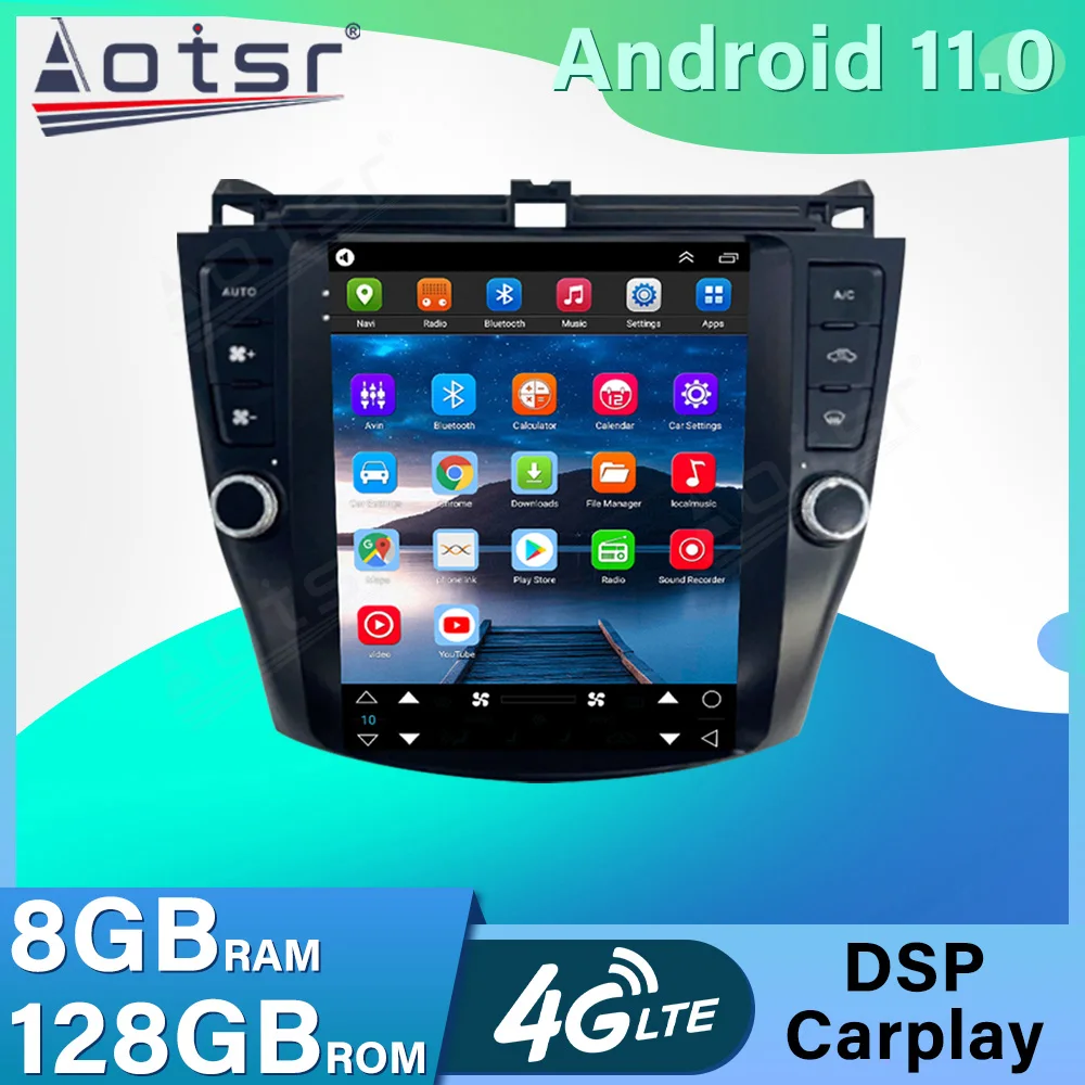

Для Honda Accord 7 2003 2004 - 2007 2008 автомобильный радиоприемник Android 11 8G + 128G Carplay мультимедийный плеер Тесла Стиль Авто Стерео GPS навигатор