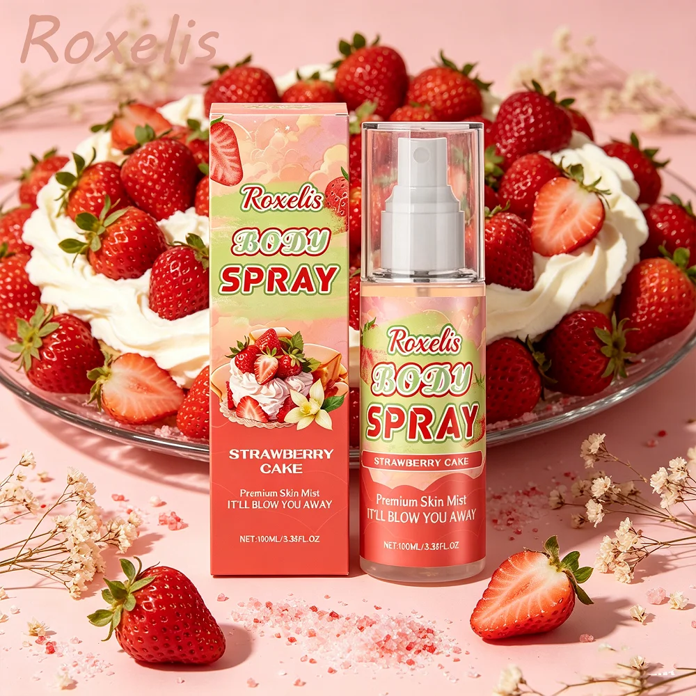 Roxelis 30 ml Juicy Strawberry Cake Body Mist, een geur met meerdere lagen, diep hydraterend, verzachtend en gemakkelijk mee te nemen._voghion.com