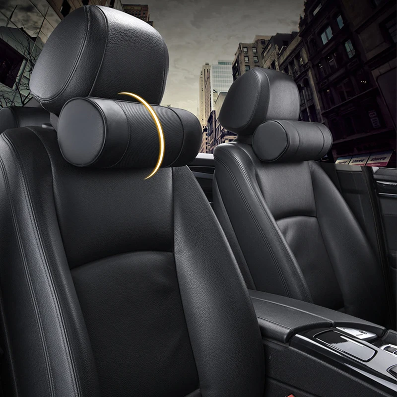 1pc Cowhide Car Pillow Seat Back Cylindrical Memory Foam Auto Neck Spine Cushion Leather Office Chair Headrest Mat For BMW Benz
