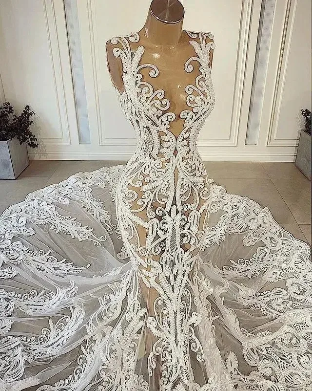 Customized 2025 Latest Perspective Sexy Mermaid Custom Wedding Dress Bridal Dress Lace Stickers African Nigerian Court Tail