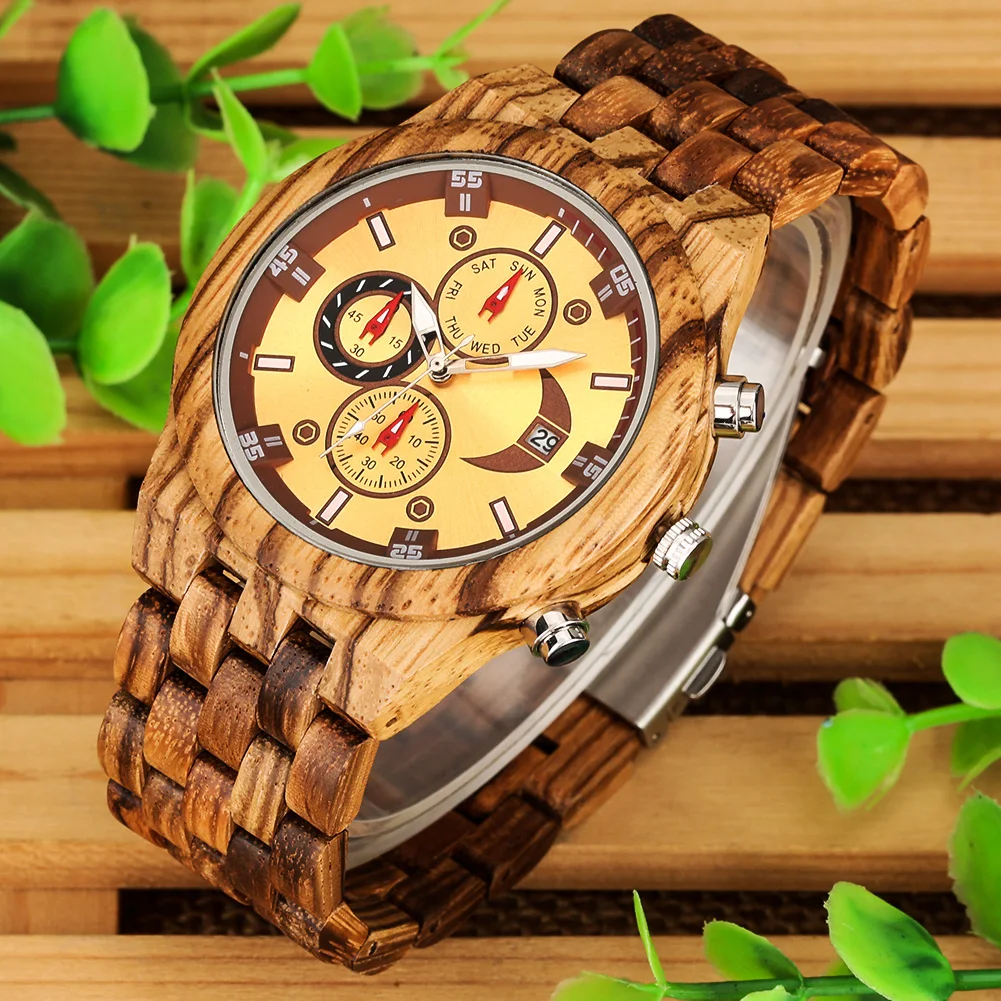 Orologio Uomo In Legno Naturale - Cronografo Con Calendario E Movimento Al Quarzo Giapponese - Cinturino In Legno, Vetro Minerale, 48mm