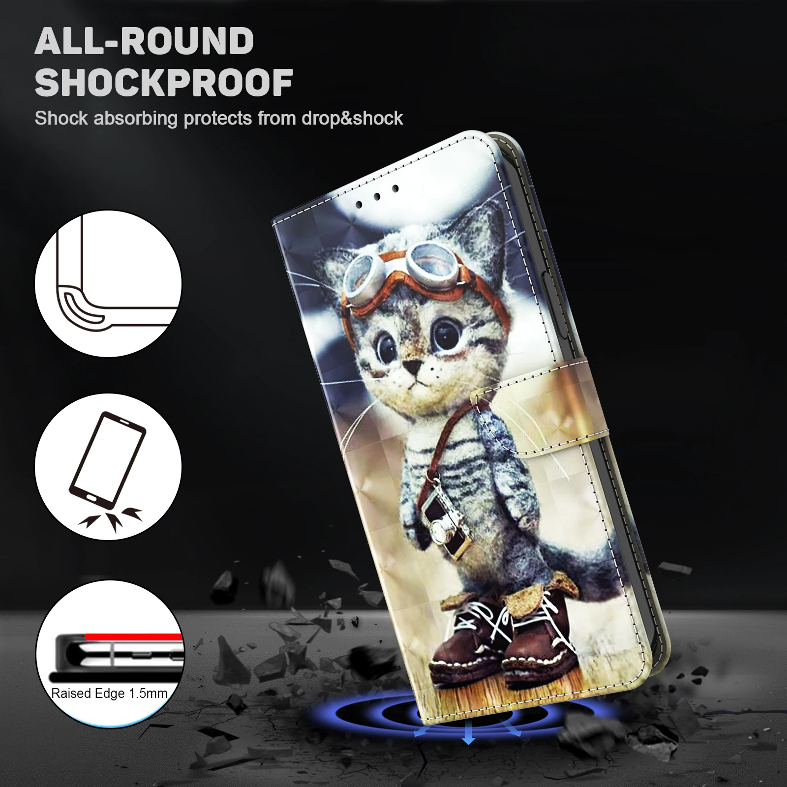 3D Cat and Dog Flower Magnetic Flip Leather Phone Case