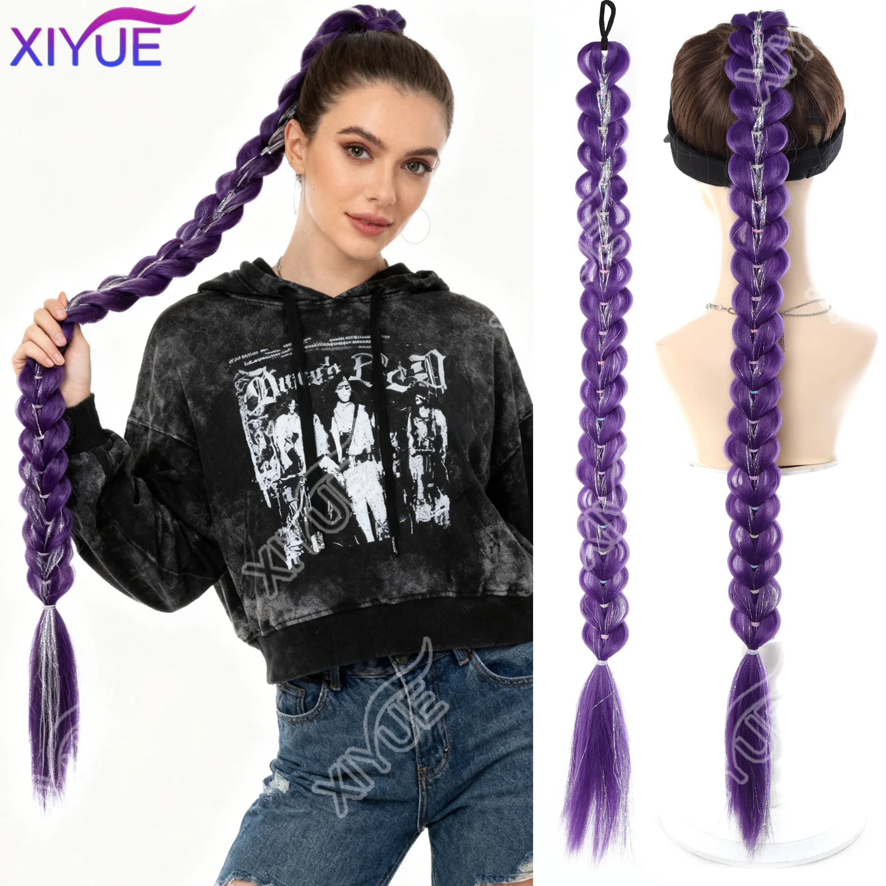 Synthetic purple+Silver thread braid wig for girls and women cosplay party Halloween gifts Ponytail wig