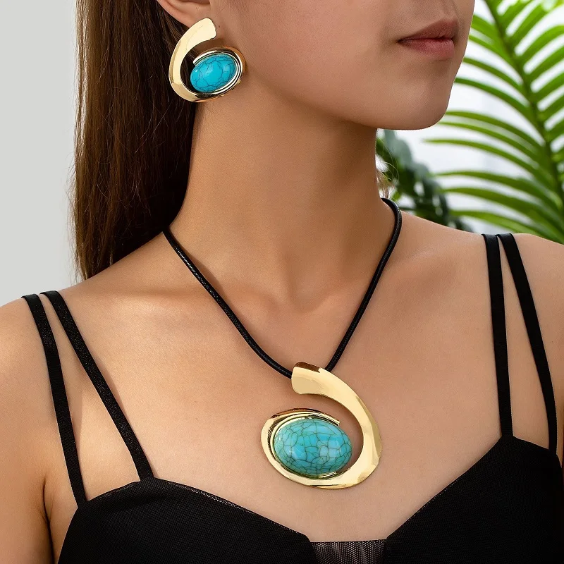 Jewelry Sets Women Earrings Chain Necklace Turquoise Pendant Rope Chain Earring Set Women Girls Gifts Fashion Jewelry