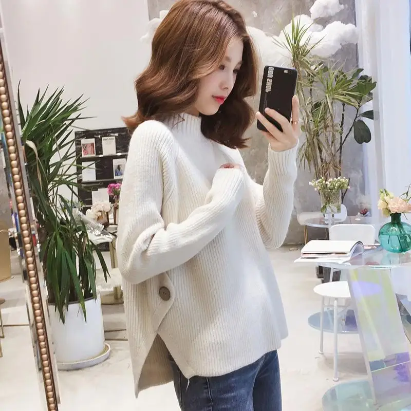 

Korean Side Slit Mock Neck Sweater For Women 2023 Autumn Winter Thick Pullover Knitwear Temperament Women's Long Sleeve Sweaters