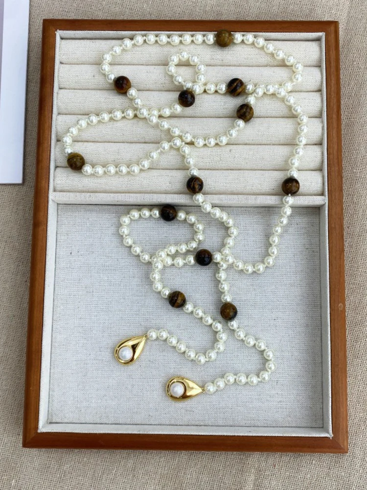 

Женское Ожерелье LONDANY, роскошное длинное ожерелье из искусственного жемчуга, цепочка для свитера с бисером из натурального Тигрового Глаза