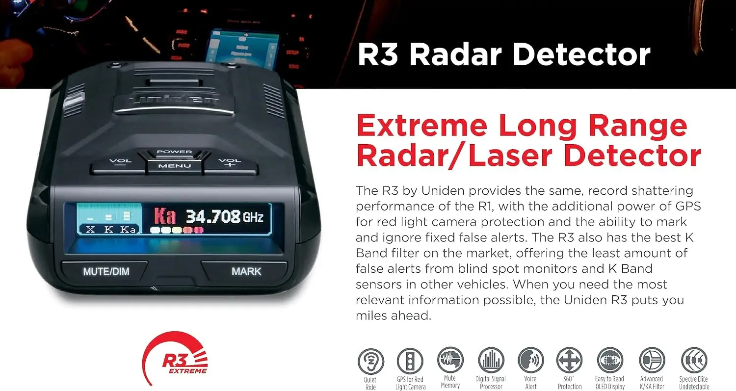 Uniden R3 EXTREME LONG RANGE Laser/Radar Detector, Record Shattering Performance, Built-in GPS w/ Mute Memory, Voice Alerts