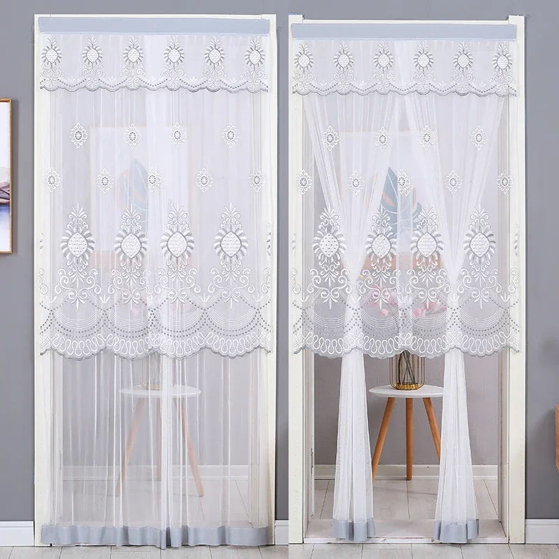 thumbnail image 1 of Cortinas de puerta bordadas con encaje de malla, sin perforaciones, de doble capa, transparentes, con borde ondulado, decorativas, de media cortina, 1 of 5
