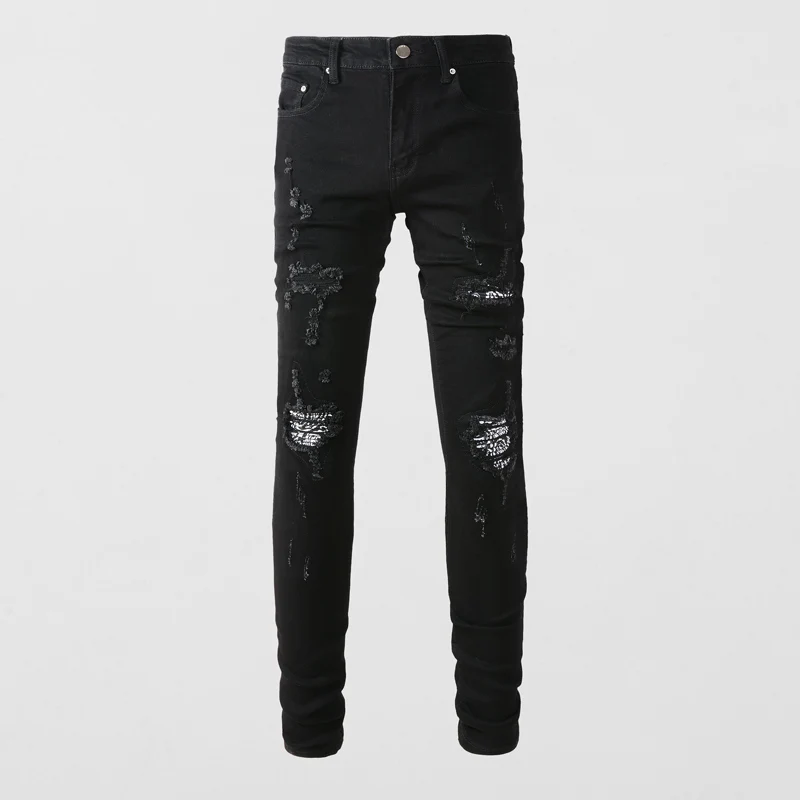 

High Street Fashion Men Jeans Black Stretch Skinny Trousers Elastic Ripped Jeans Paisley Patch Designer Hip Hop Brand Pants Men