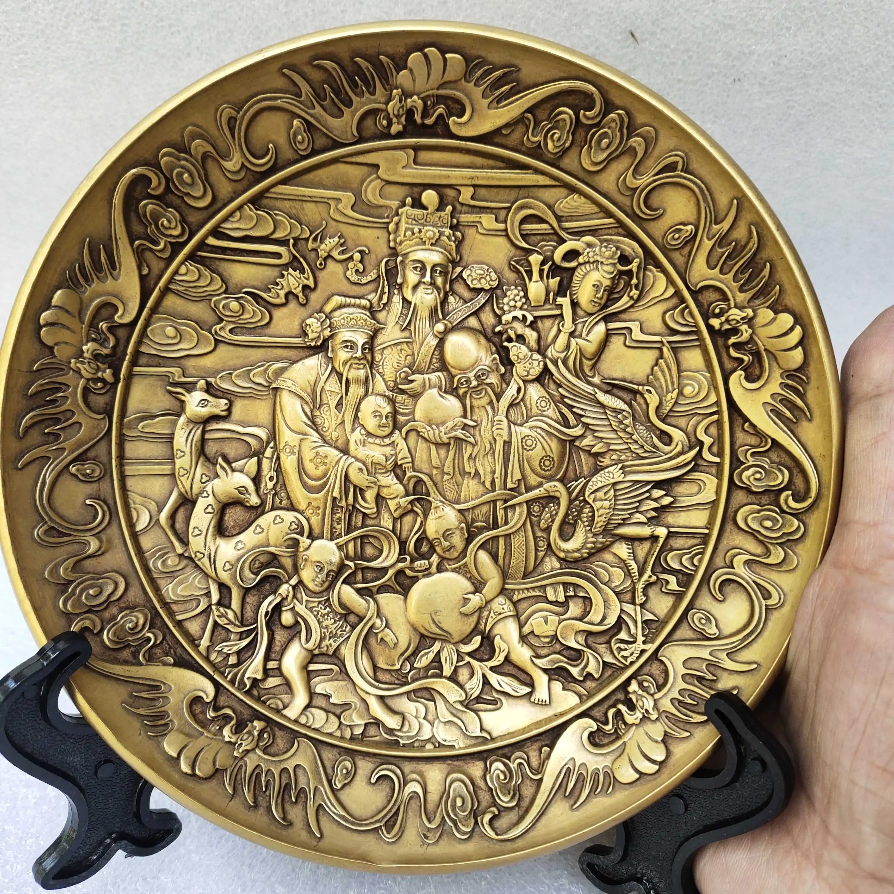 

Antique Bronze Miscellaneous Collection Vintage Old Pure Copper Fulu Shou Large Copper Plate Copper Plate