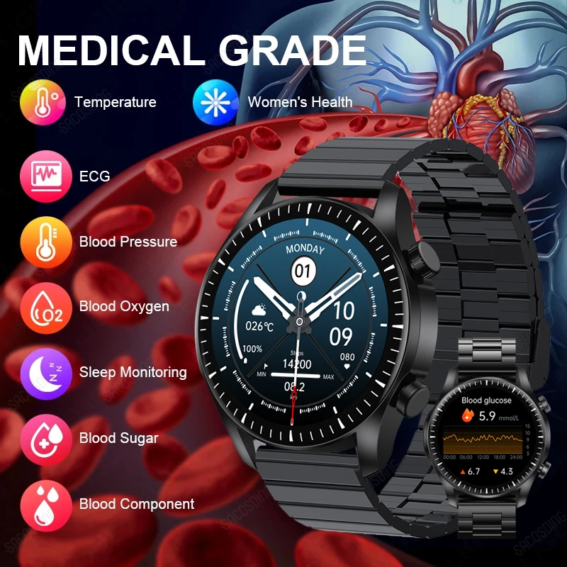 2024 Blood Sugar Health Smart Watch Men Ecg + Ppg + Hrv Cardiofrequenzimetro Orologio Sportivo Smart Bluetooth Call Smartwatch