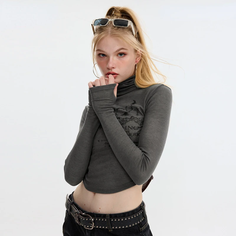 

Y2k Crop Top 2023 Autumn Long Sleeve T-shirt Letter Print Turtleneck Design American Style Slim T-shirts Ladies Vintage Clothing