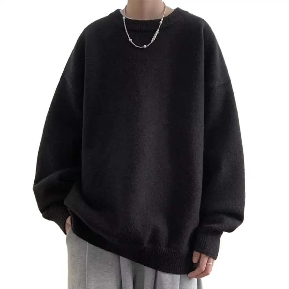 Description Picture 4 of itemCasual Loose Fit Sweater Men's Solid Color Round Neck Sweater with Elastic Cuff Thick Soft Pullover for Fall Spring Casual Loose