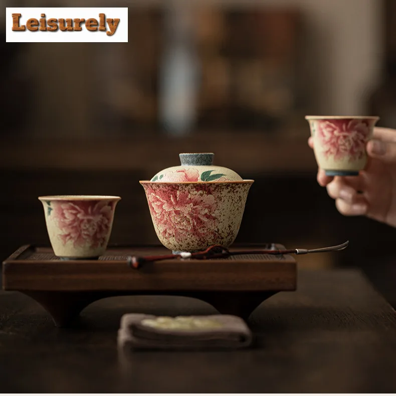Chinese Firestone Red Peony Tea Set Complete Set Vintage Tea Ceremony Set Household Teapot and Tea Cup Set Tableware Decoration