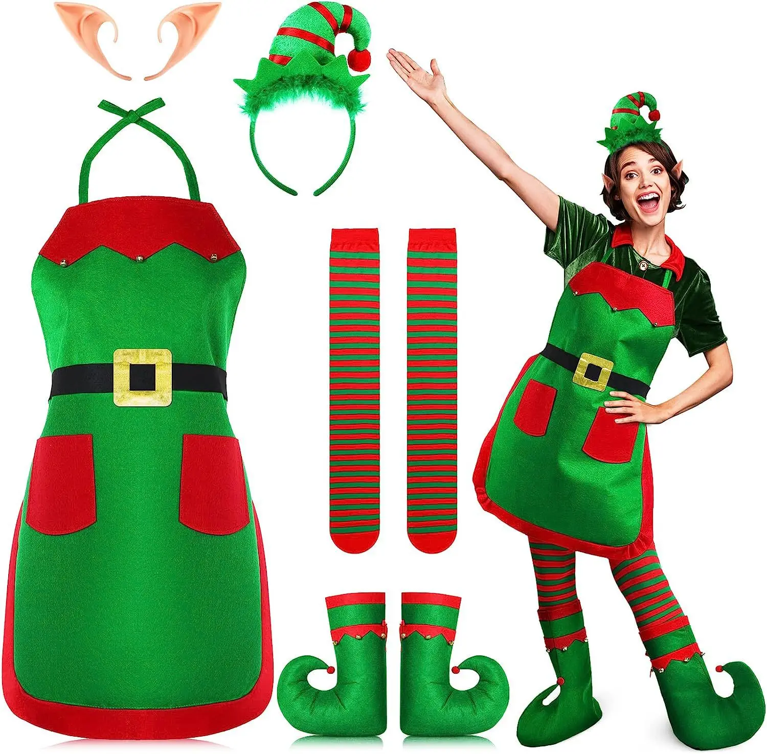 

New Carnival Party Christmas Elf Cosplay Costumes Christmas Apron Hat Shoe Cover Family Role Play Dress-up Game Suit Women
