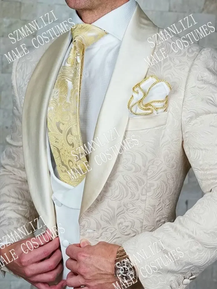 Latest Designs Champagne Floral Men Suits Prom Tuxedo Slim Fit 3 Piece Groom Wedding Suits For Men Blazer Terno Masuclino