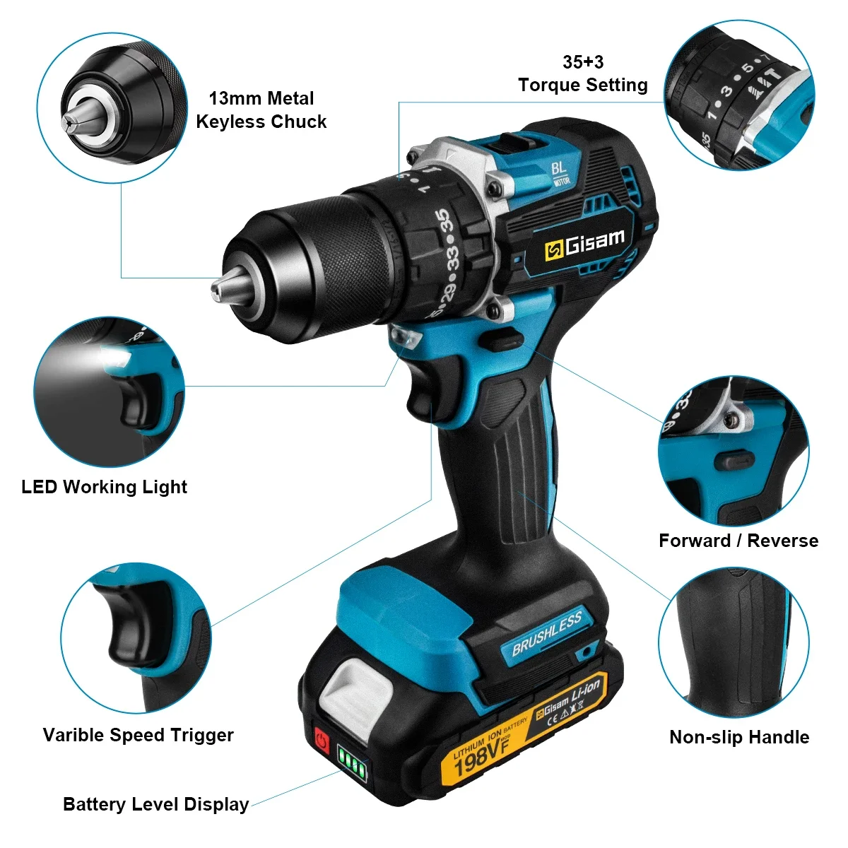 Gisam 13mm 35+3 Torque Brushless Electric Impact Drill Cordless Drill Electric Screwdriver Power Tools For Makita 18V Battery 5