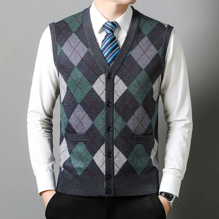 Men Wool Coats Vest 2024 Spring Autumn Thicked Knit Man Single Breasted Multicolor Plaid Sleeveless Cardigan