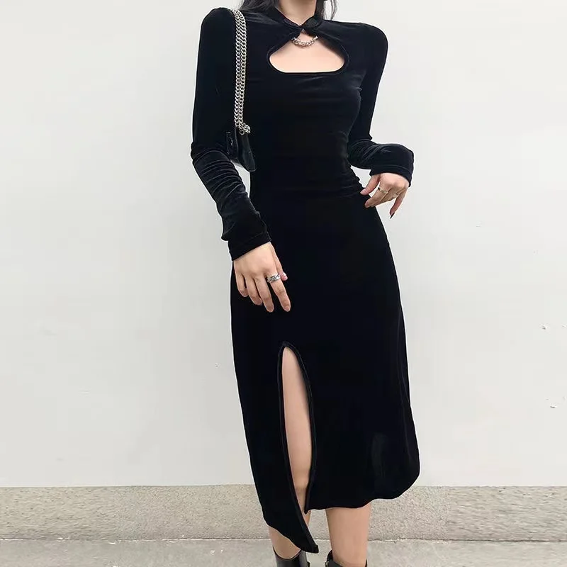 

2021 Sexy Club Midi Dress A-line Dresses Front Hollow Out Neck Long Sleeve Buckle Side High Split Hem Party Dress Punk Gothic