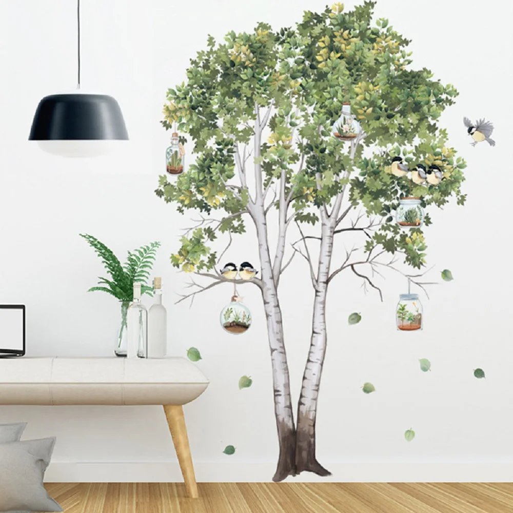 

Big Tree Birch Wall Stickers Green Leaves Wall Decals Living Room Bedroom Birds Home Decor Poster Mural PVC Room Decoration