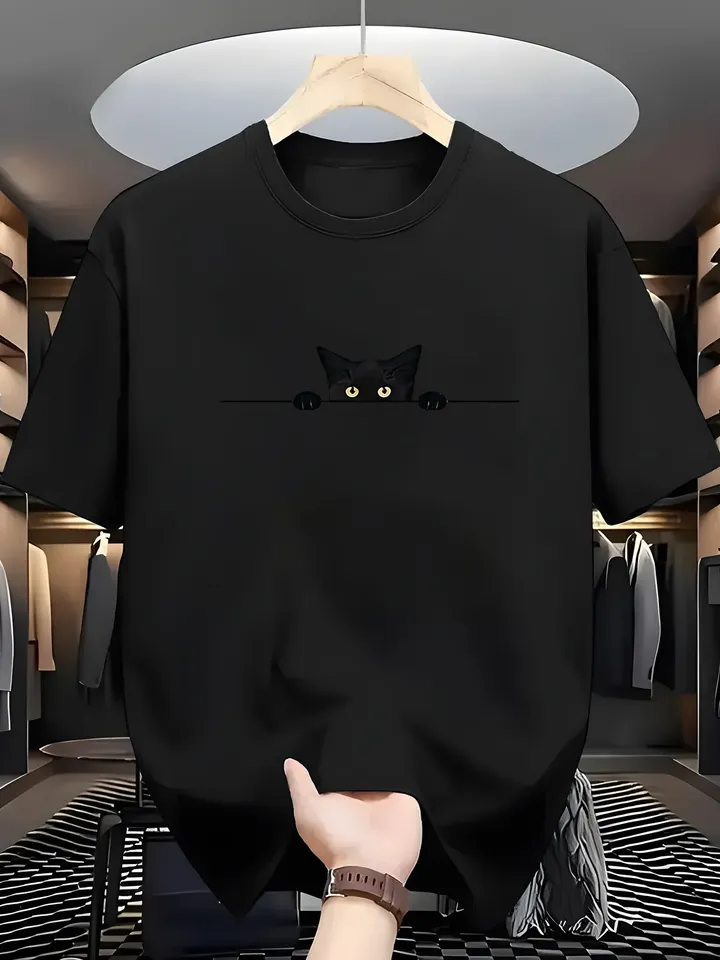 Women's Summer Fashionable Casual Loose Large Cute Cat Pattern Printed Round Neck Short Sleeve T-shirt Top