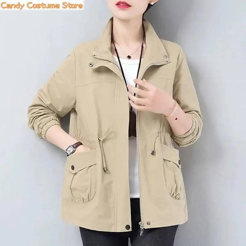 Women Fashion Lining Windbreaker Drawstring Waist Stand Collar Base Coat Female Outerwearspring Autumn Trench Coat