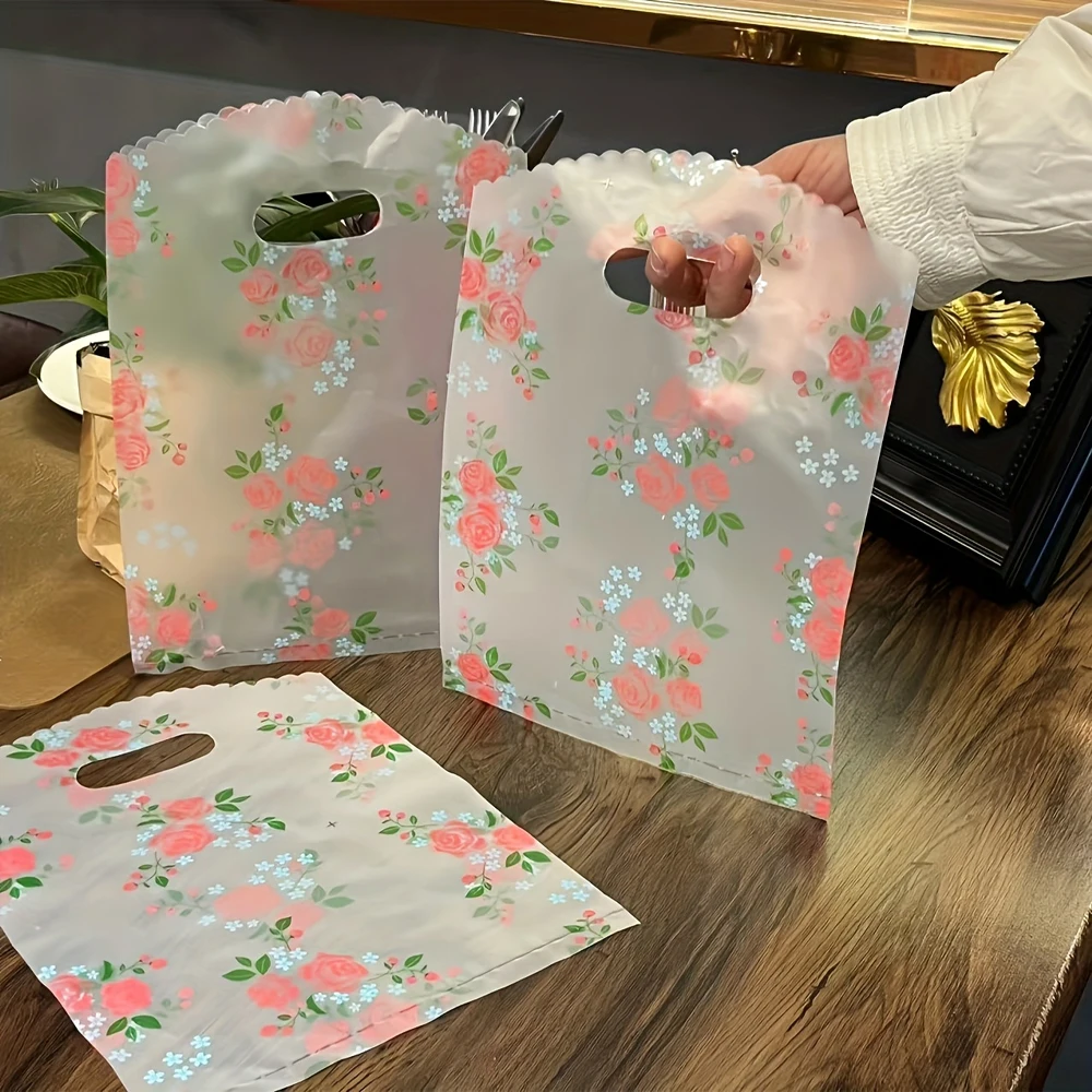 50 Stück Dankes-Geschenktüten mit Griff, Boutique-Verpackungsbeutel, Souvenir-Tasche, Kunststoff-Einkaufstasche mit Blumenmuster, Geburtstagsfeier, Hochzeit, Souvenir-Tasche