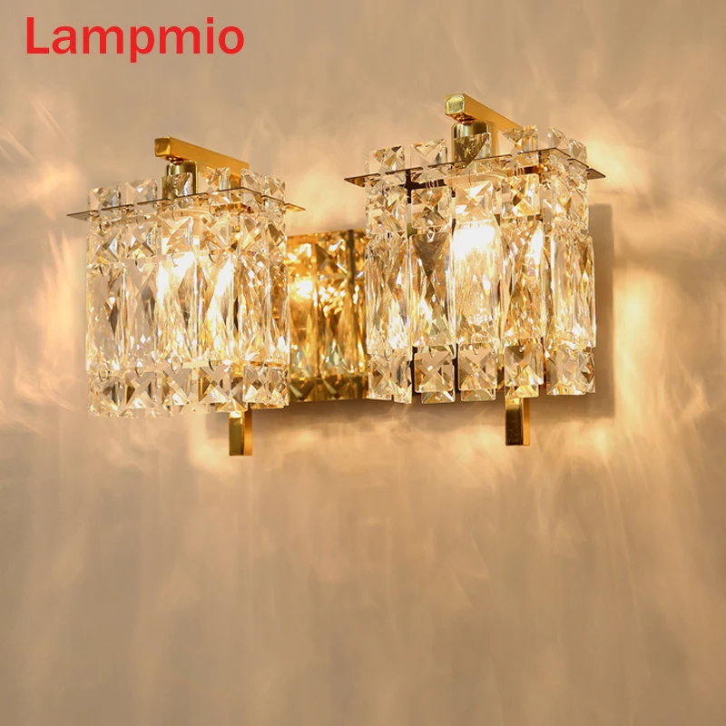 

Lampmio Luxury Golden Triple Wall Lamps For Living Room Art DECO Crystal Wall Lights Modern Vila Chrome Double E14 Wall Sconce