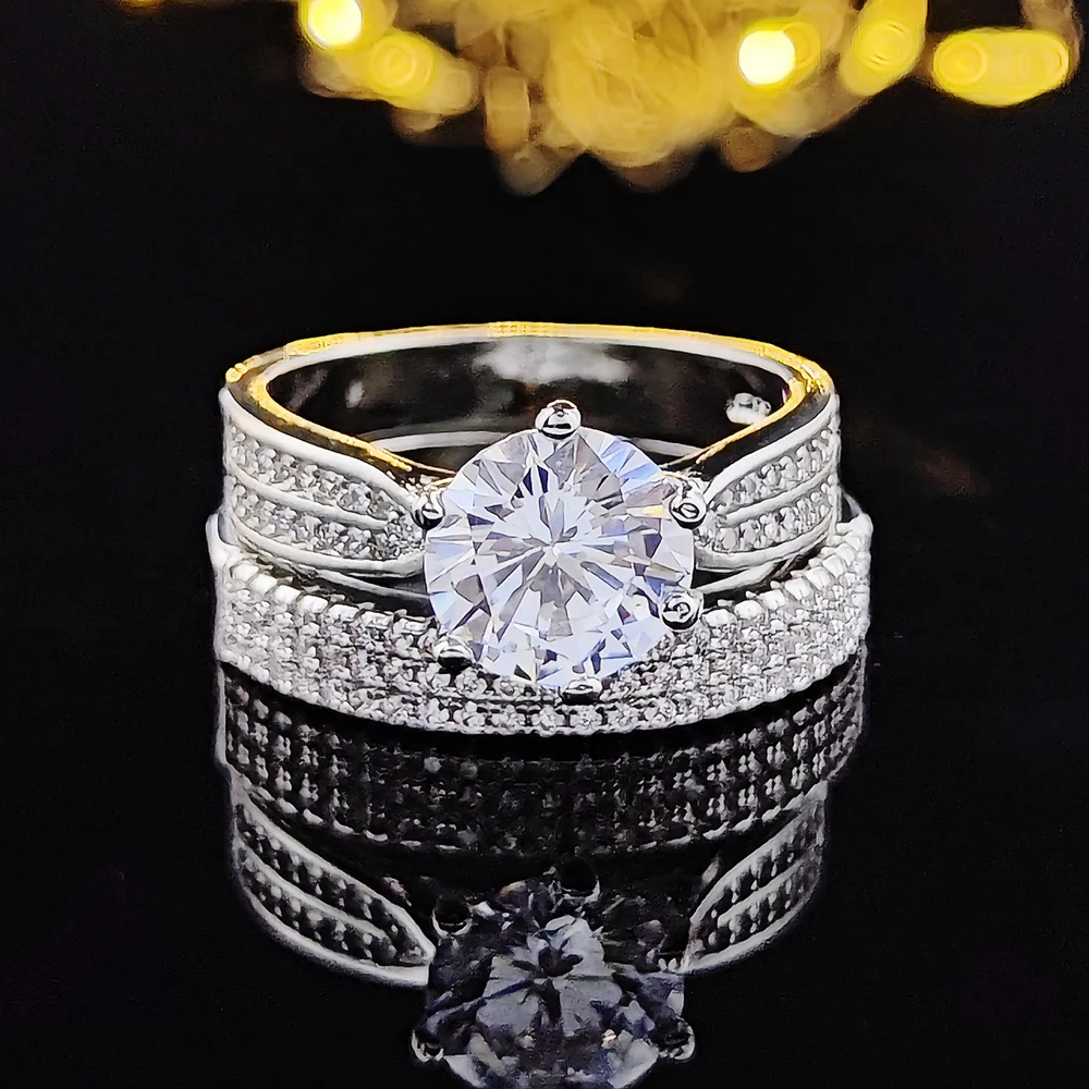 2022 New Luxury Halo Silver Color Bride Wedding Ring Set For Women Lady