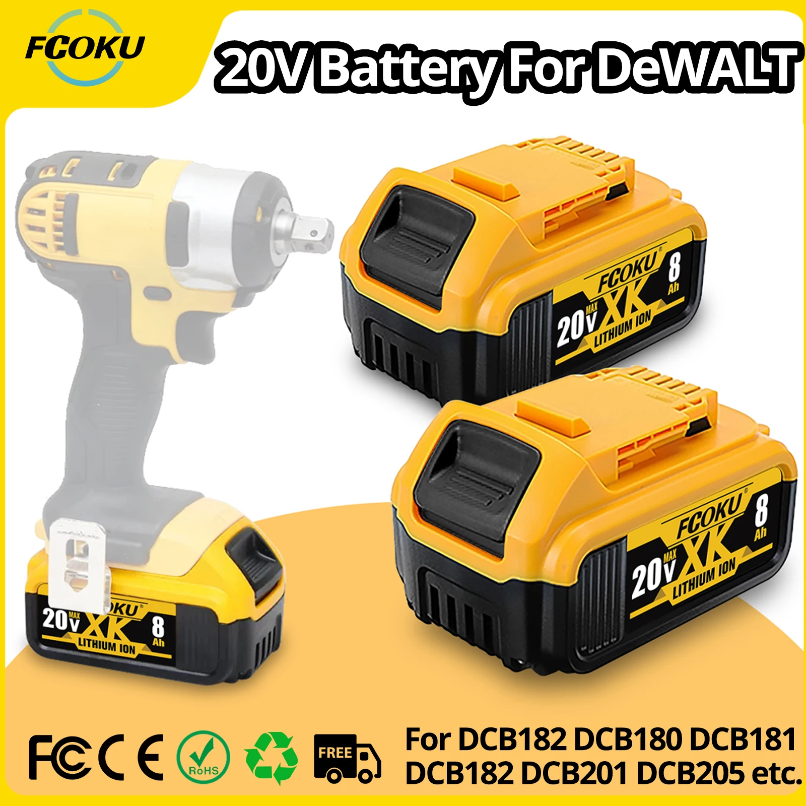 

20V Battery For Dewalt DCB200 8000mAh MAX Li-ion Battery Compatible 18V DCB182 DCB180 DCB181 DCB201 DCB205 Power Tool Battery