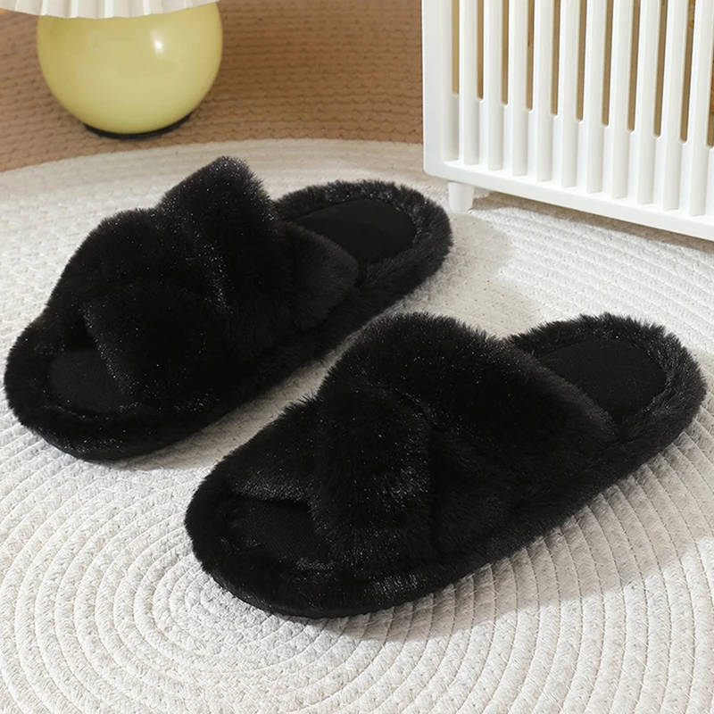 Autumn Winter Home Fur Slippers Women 2025 Indoor Soft Flat Heel Sldies Woman Lightweight Non Slip Open Toe Plush Slippers Mujer