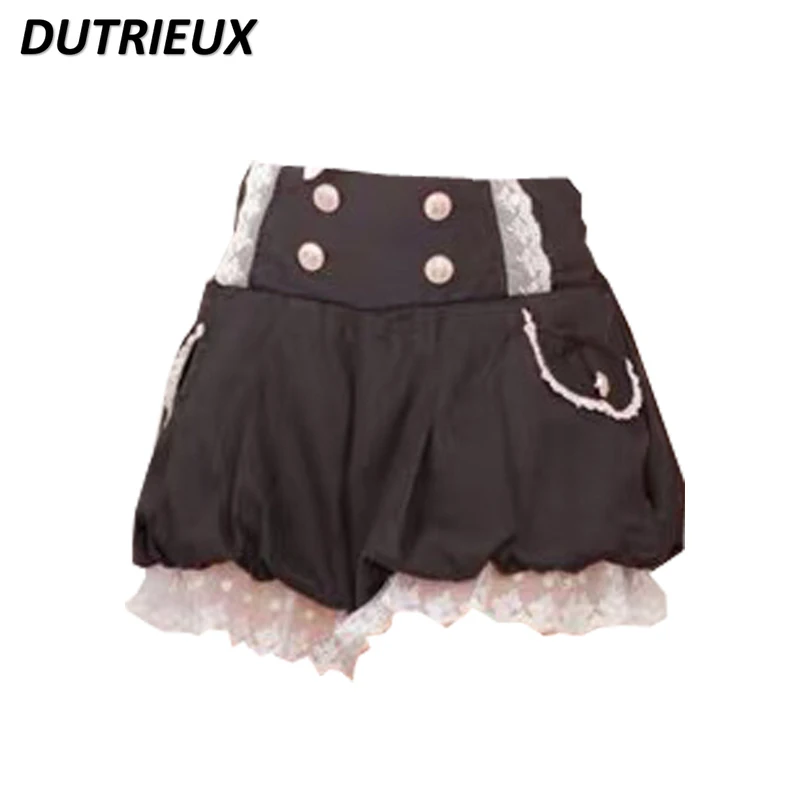 Summer New Japanese Cute Girl Casual Shorts Pocket Double Breasted Sweet High Waist All-matching Lantern Suspender Short Pants
