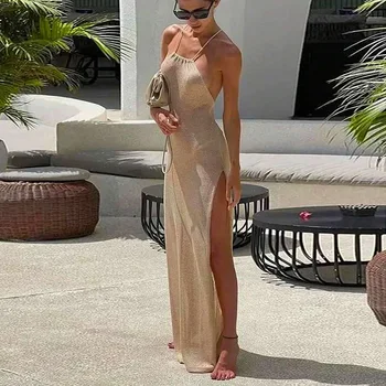 Women Cover Ups Sexy Hollow Out Dresses Spliced Sleeveless Split Long Dress Swimwears Sling Backless Knit Y2k Summer Beach 1