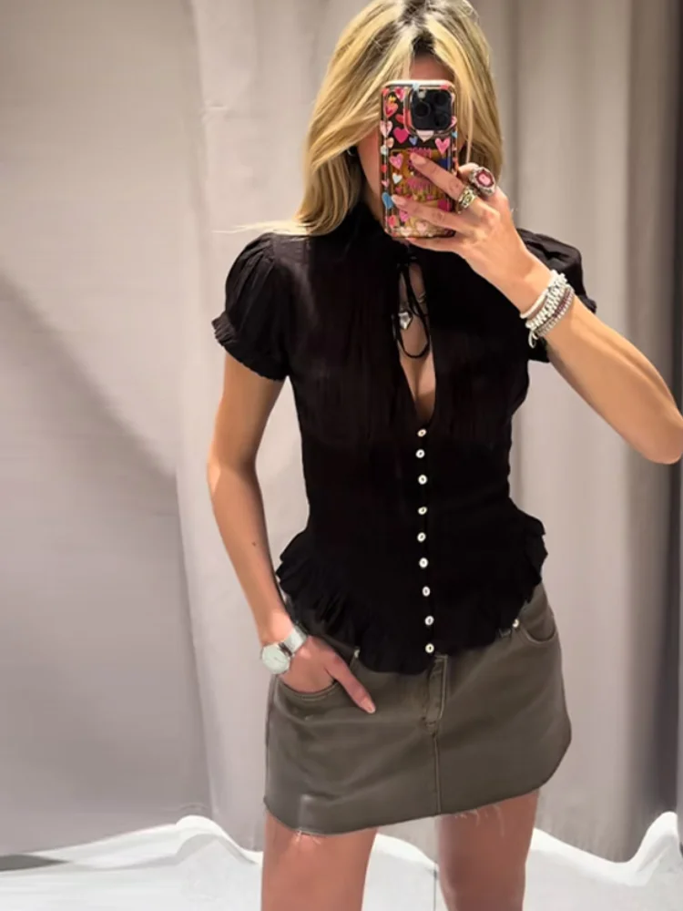 2026 Spring Summer Short Puff Sleeve Folds Shirts For Women Elegant Ruffles Single Breasted Shirt Lady Street Chic Cropped Tops 2