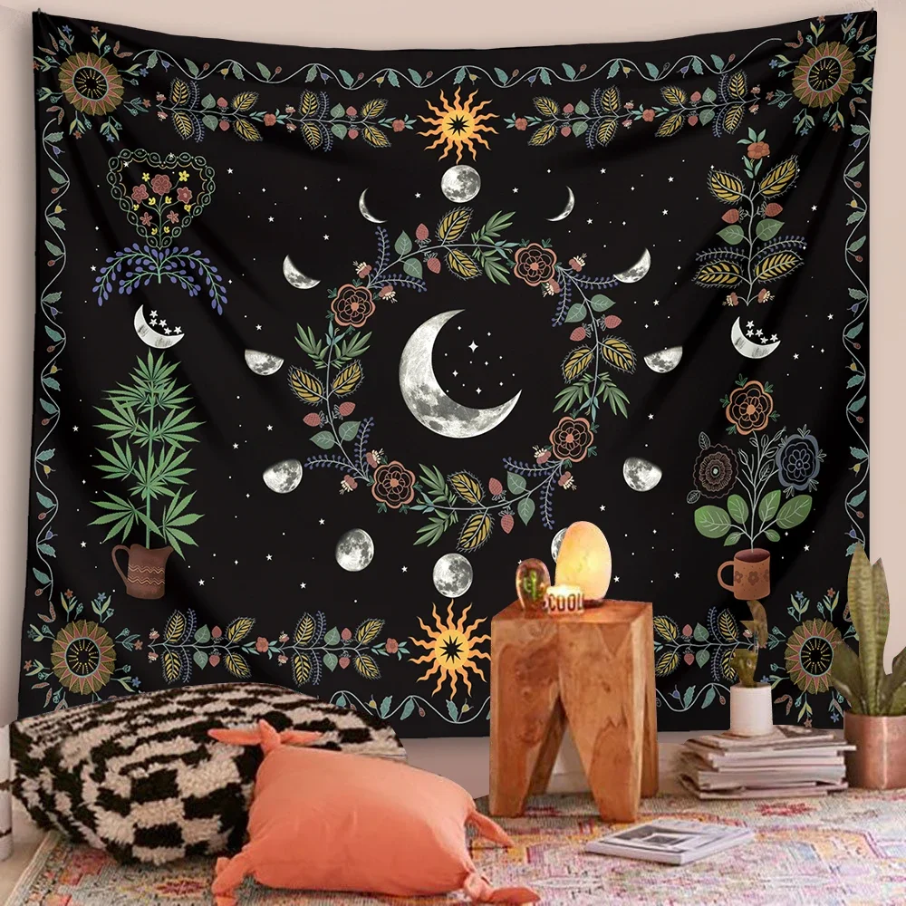 Moon phase Floral Tapestry Wall Hanging Celestial Flower sun moon ...