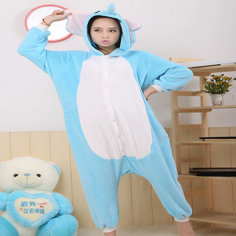 Grey Elephant Couples Pajamas Sets Women Winter Cute Animal Onesies Men One Piece Cosplay Costume Sleepwear Suit Flannel Pijamas