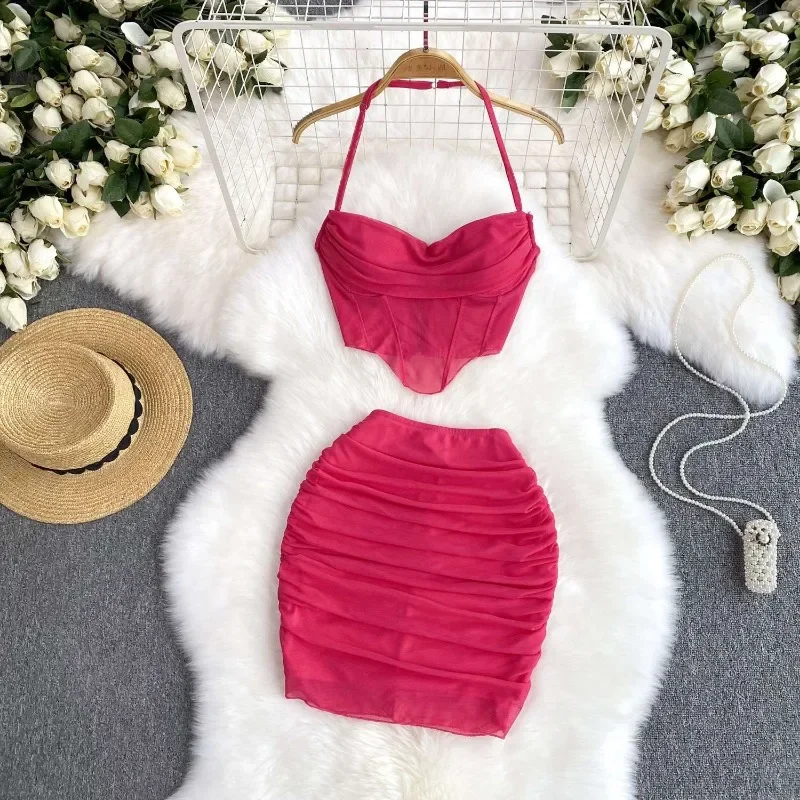 Dress Suit Women Two Peice Sets Crop Tops Tank Tops Slim Skirt Mesh Sexy Neck Chic Womenswear Patchwork Streetwear Solid Hipster