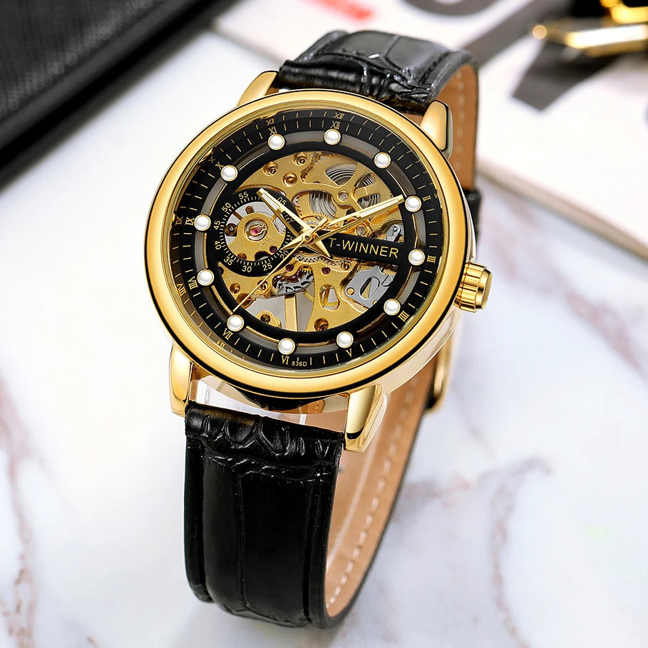 2024 WINNER Classic Black Skeleton Mechanical Wristwatch Retro Luminous Hands Luxury Brand Black Cool Men Watches Leather Strap