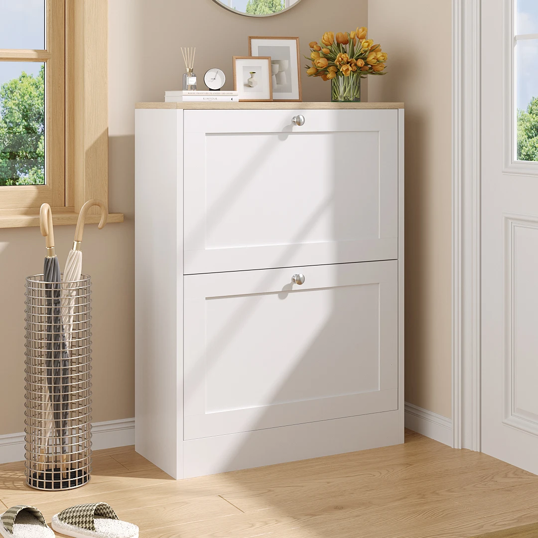 Voltsify Wooden 2 Drawer Flip Down Shoe Cabinet for Livingroom Bedroom Bathroom