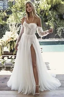 Side High Slit Wedding Dress – Strapless Tulle With Sleeves