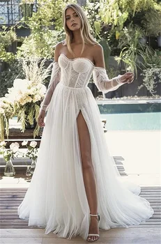 Customized Women's Strapless Side High Slit Wedding Dress Sweetheart Tulle Bridal Welcome Guest Detachable Sleeves Bridal Dress 1