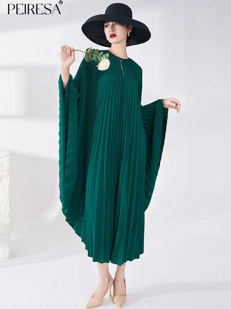 

2023 New Spring Summer Pleated Midi Dress Round Neck Batwing Long Sleeve Elegant Evening Dresses Fashion Loose Female Vestidos